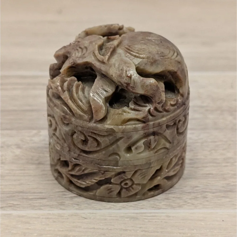 Vintage Mini Round Soapstone Trinket Box Carved Elephant Design Rounded Dome Top